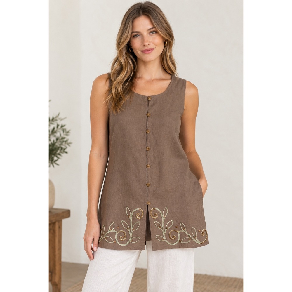 Vintage 90s Linen Blend Embroidered Vest Womens 14 Beige Tan Waistcoat Large